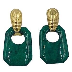 Deep Green Aventurine GOLD TONE Tile Drop Dangle Omega Clip Pierced Earrings